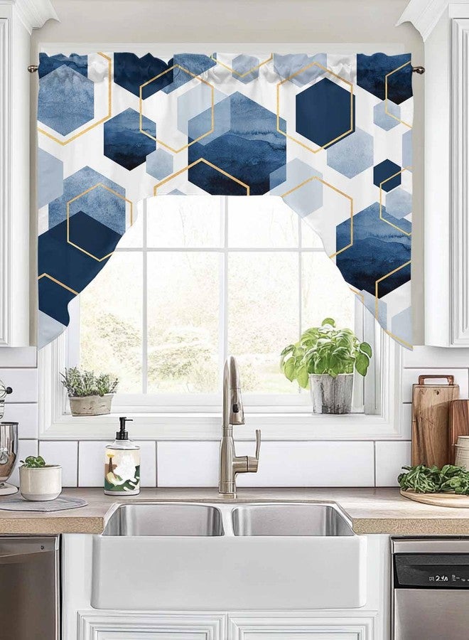 Jolunifun Blue Gold Swag Valance Kitchen Curtains, Rod Pocket Valance Curtain Panels for Bedroom Living Room Bathroom Cafe Windows, Gradual Modern Abstract Geometric White 56''x36'' - Image 2